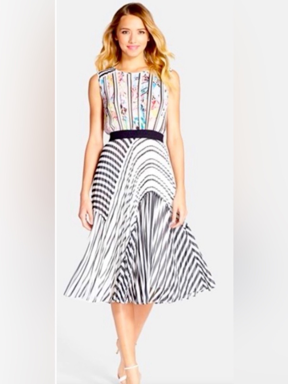 BCBGMaxAzria Black & White Striped Midi Dress with Floral Bodice